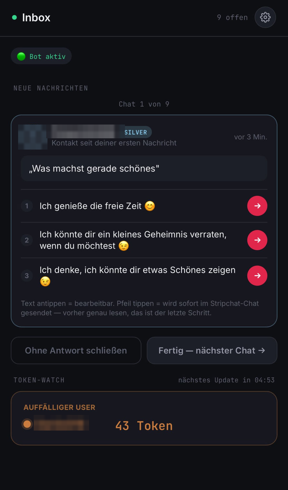 Luminaa Dashboard: Chat-Antwortvorschläge und Token-Watch